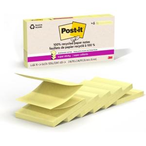 Post-it Super Sticky 100% Recycled Dispenser Pop-up Notes, 6 Sticky Note Pads, 3 x 3 in., 2X The Sticking Power, New Year Organization or Second Semester School Supplies, Canary Yellow(Canary Yellow)