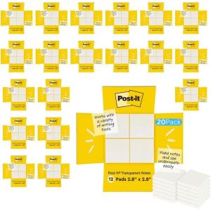 Post-it Transparent Notes, 2.8 in. x 2.8 in., Pastel Sticky Notes, School Supplies, Office Products, Great for Studying, Great for Studying, 2 Pads(Clear Transparent – 20 Pack)