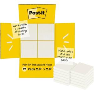 Post-it Transparent Notes, 2.8 in. x 2.8 in., Pastel Sticky Notes, School Supplies, Office Products, Great for Studying, Great for Studying, 2 Pads(Clear Transparent)
