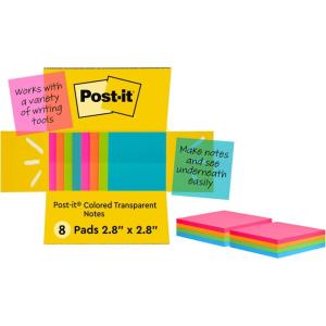 Post-it Transparent Notes, 2.8 in. x 2.8 in., Pastel Sticky Notes, School Supplies, Office Products, Great for Studying, Great for Studying, 2 Pads(Colored Transparent)