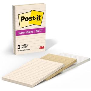 Post-it Super Sticky Notes, 3 Lined Sticky Notes Pads, 4 x 6 in., School Supplies and Oﬃce Supplies, 2X the Sticking Power, Neutrality Collection