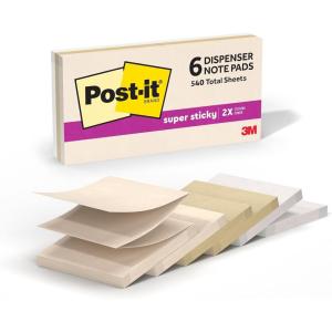 Post-it Super Sticky Dispenser Pop-up Notes, 6 Sticky Notes Pads, 3 x 3 in., School Supplies and Oﬃce Supplies, 2X the Sticking Power, Use with Post-it Note Dispensers, Neutrality Collection