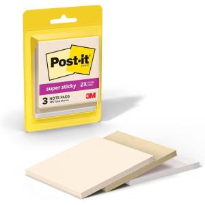 Post-it Super Sticky Notes, 3 Sticky Notes Pads, 3 x 3 in., School Supplies and Oﬃce Supplies, 2X the Sticking Power, Neutrality Collection