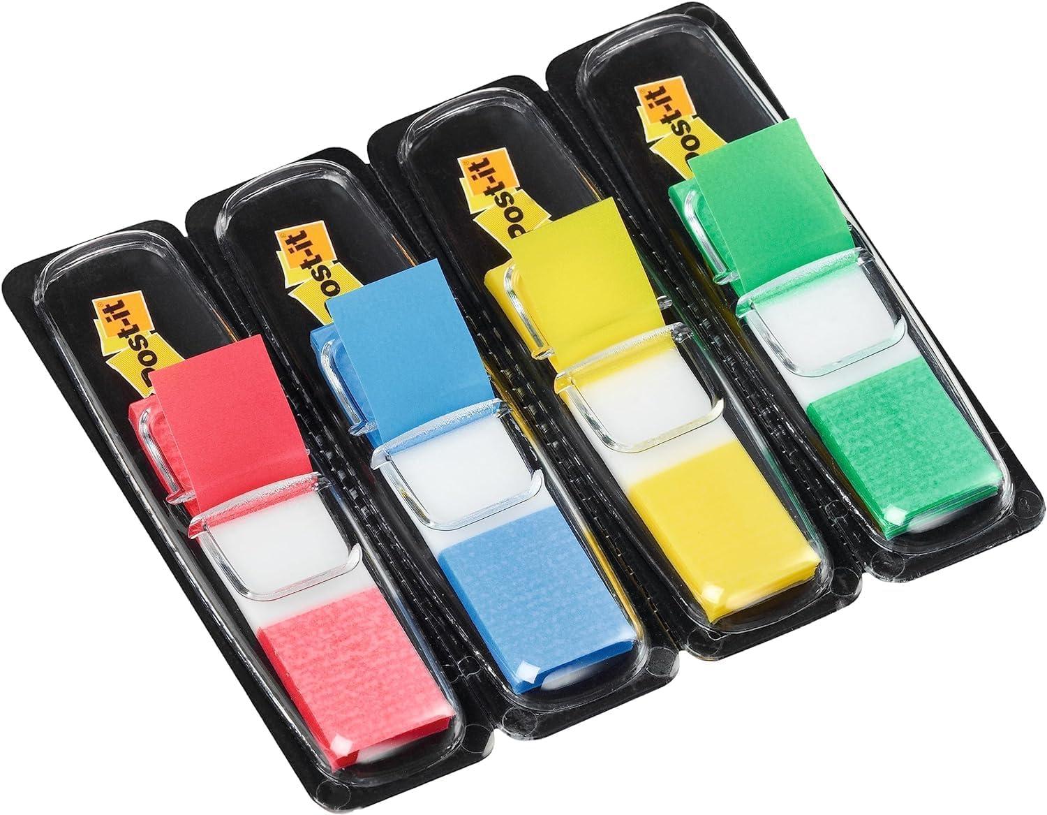 imagePostit MarquePages troits Pack de 4 Distributeurs 35 MarquePages par Distributeur 119 mm x 432 mm Jaune Rouge Vert Bleu Couleurs Pour Marquer Surligner ou Codifier des InformationsPetits drapeaux dindex