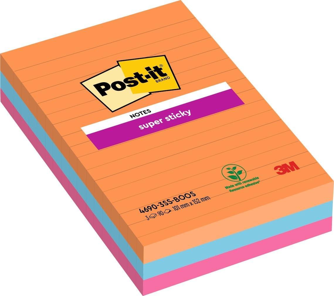 imagePostit Notes Autocollantes Super Sticky Grand Format XL Lignes 101 mm x 101 mm Pack de 3 Blocs 70 Feuilles par Bloc Feuillets Super Adhsifs pour Prise de Notes Listes de Tches et RappelsMulticolore