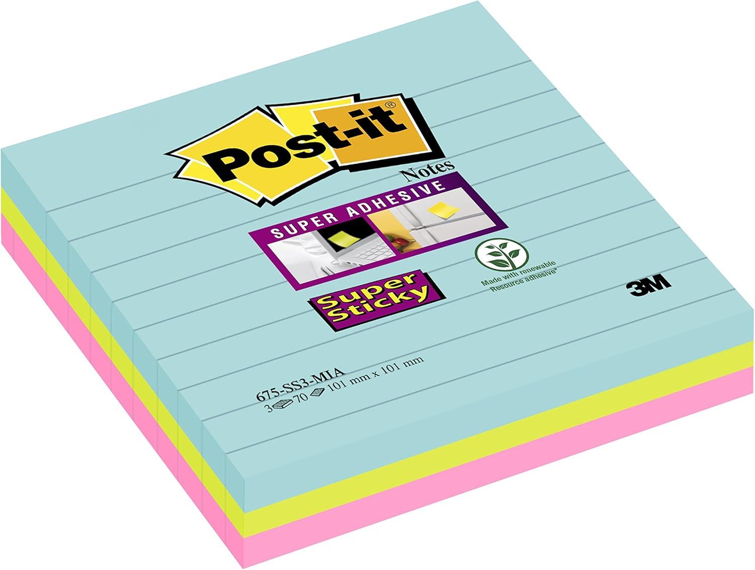 imagePostit Notes Autocollantes Super Sticky Grand Format XL Lignes 101 mm x 101 mm Pack de 3 Blocs 70 Feuilles par Bloc Feuillets Super Adhsifs pour Prise de Notes Listes de Tches et RappelsBleu