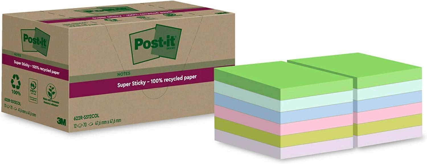 imagePostit Notes Autocollantes Super Sticky Recycls Pack de 12 Blocs 70 Feuilles par Bloc 476 mm x 476 mm Notes Autocollantes Fabriques partir de Papier 100 RecyclRose vert bleu violet jaune
