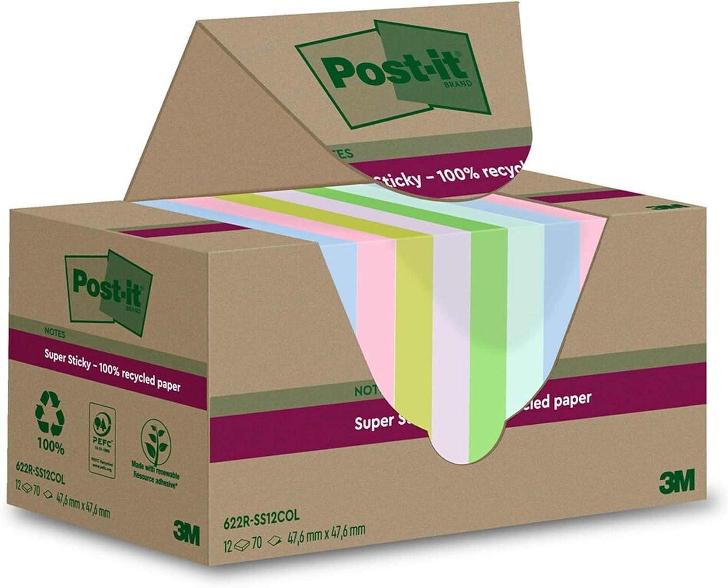 imagePostit Notes Autocollantes Super Sticky Recycls Pack de 12 Blocs 70 Feuilles par Bloc 476 mm x 476 mm Notes Autocollantes Fabriques partir de Papier 100 RecyclRose vert bleu violet jaune