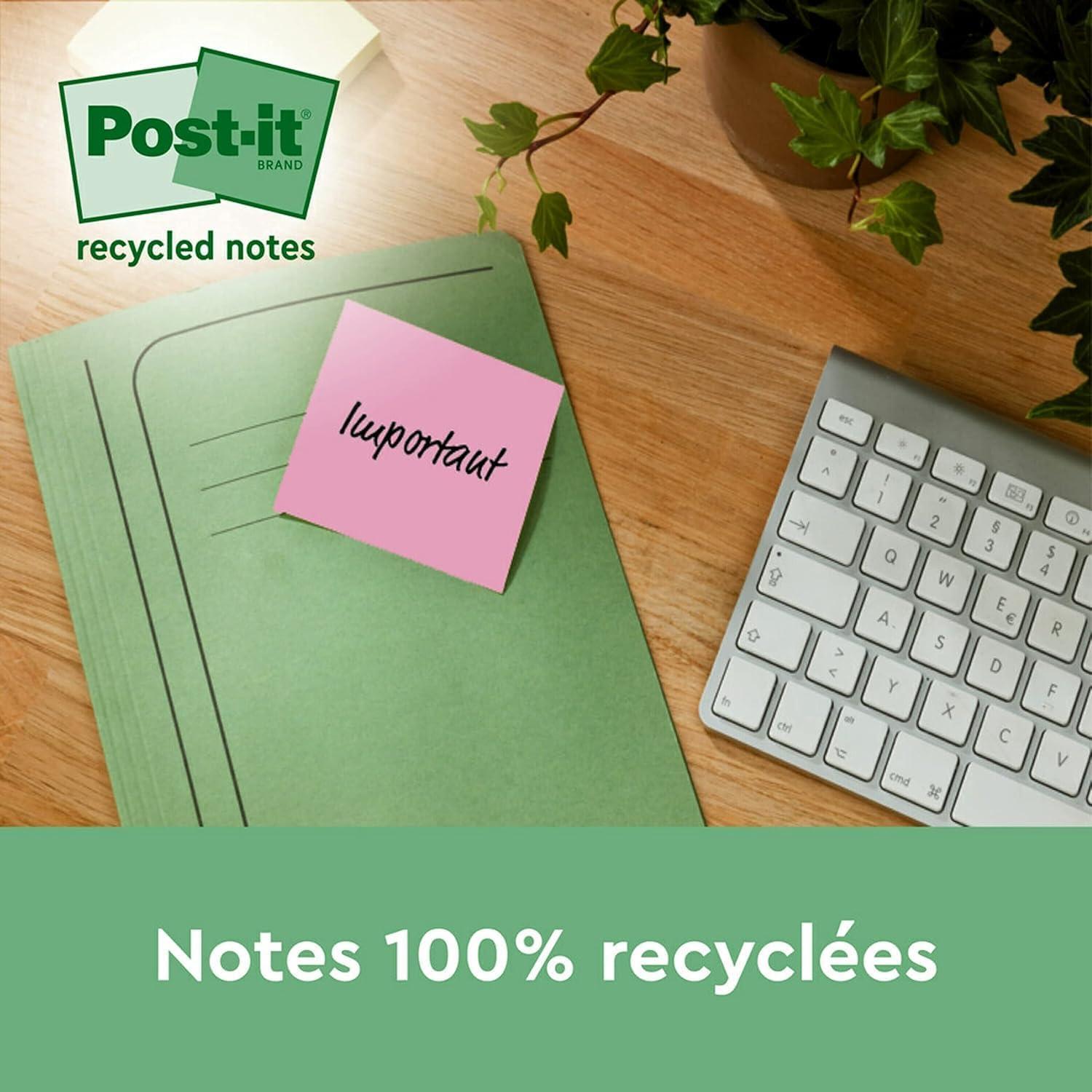 imagePostit Notes Autocollantes Super Sticky Recycls Pack de 12 Blocs 70 Feuilles par Bloc 476 mm x 476 mm Notes Autocollantes Fabriques partir de Papier 100 RecyclRose vert bleu violet jaune