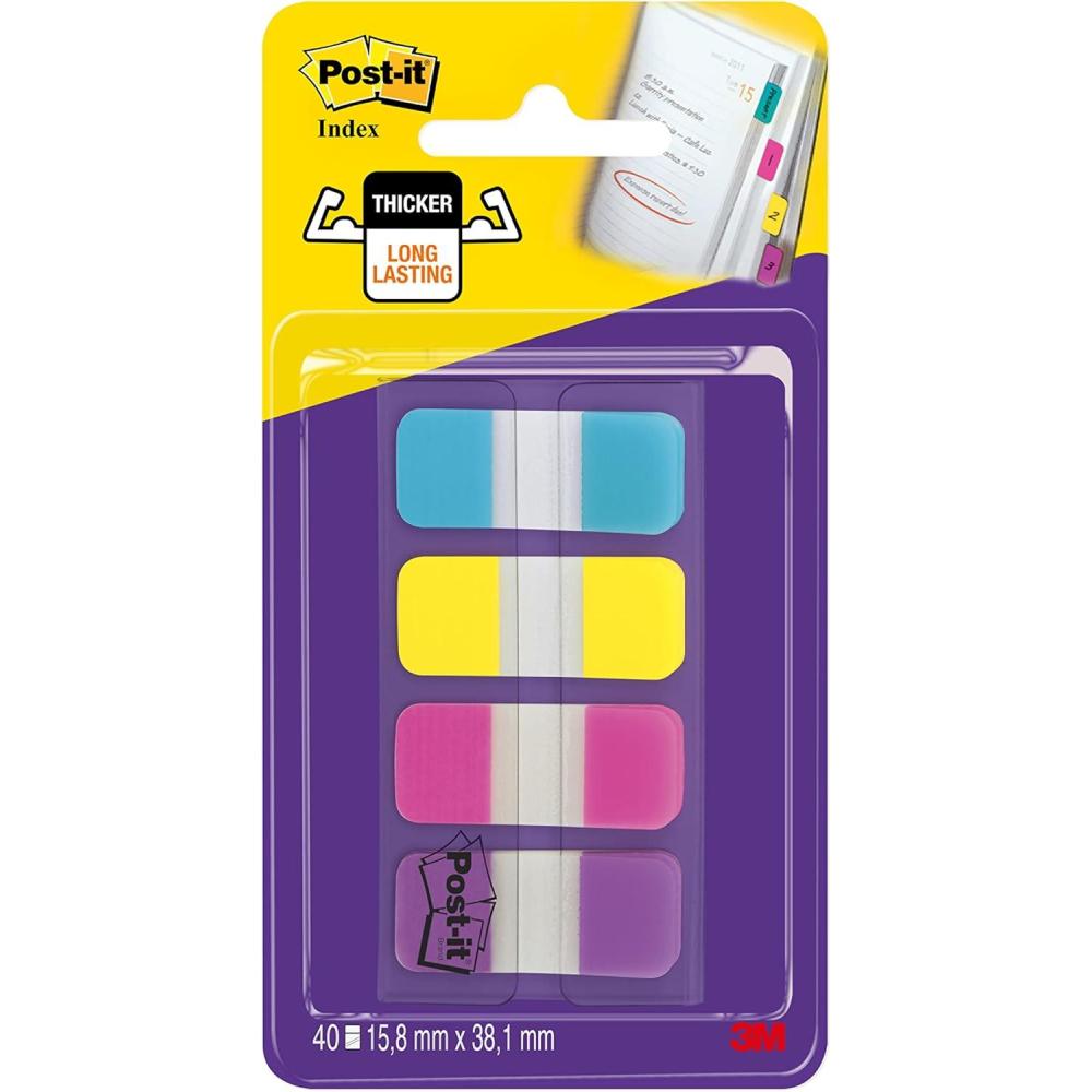 imagePostIt MarquePages Petit 40 OngletsDvidoir 158 mm x 381 mm Bleu Jaune Rose et Violet Pour Marquer Surligner ou Codifier des Informationsbleu violet rose jaune