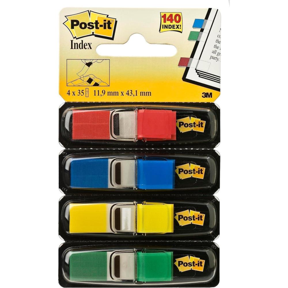 imagePostit MarquePages troits Pack de 4 Distributeurs 35 MarquePages par Distributeur 119 mm x 432 mm Jaune Rouge Vert Bleu Couleurs Pour Marquer Surligner ou Codifier des InformationsPetits drapeaux dindex