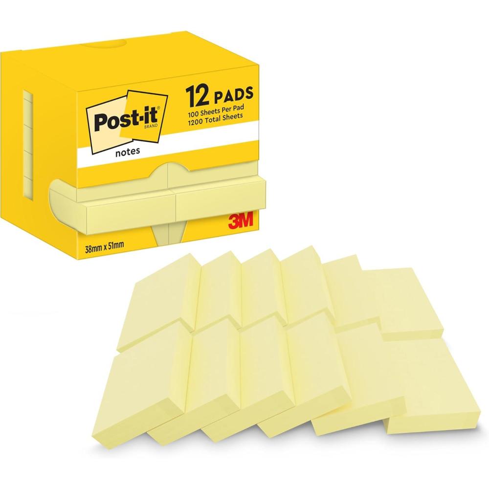 imagePostit Notes Autocollantes Pack de 12 Blocs 100 Feuilles par Bloc 38 mm x 51 mm Jaune Pastel Feuillets Adhsifs pour Prise de Notes Listes de Tches et Rappels12 Blocs
