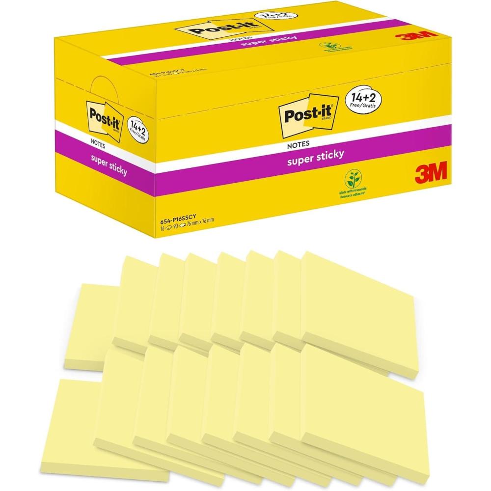 imagePostit Notes Autocollantes Super Sticky 14 Blocs 2 GRATUITS 90 Feuilles par Bloc 76 mm x 76 mm Jaune Pastel Feuillets Super Adhsifs pour Prise de Notes Listes de Tches et RappelsJaune