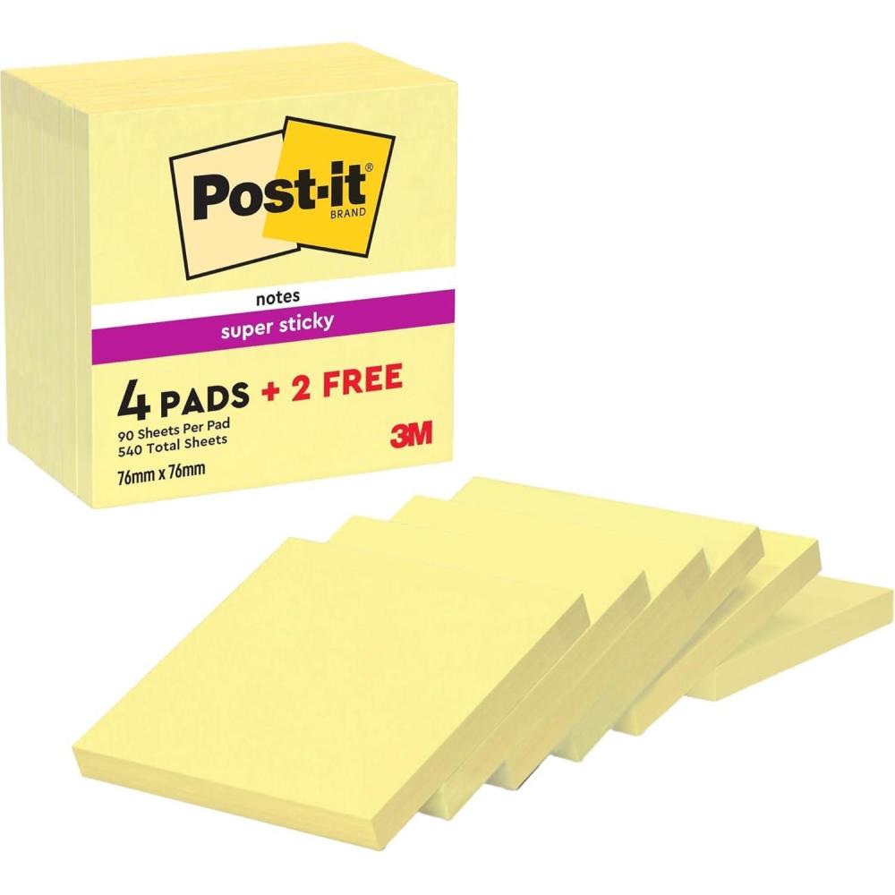 imagePostit Notes Autocollantes Super Sticky 4 Blocs 2 GRATUITS 76 mm x 76 mm 90 Feuilles par Bloc Jaune Canari Feuillets Super Adhsifs pour Prise de Notes Listes de Tches et Rappels76 x 76 mm