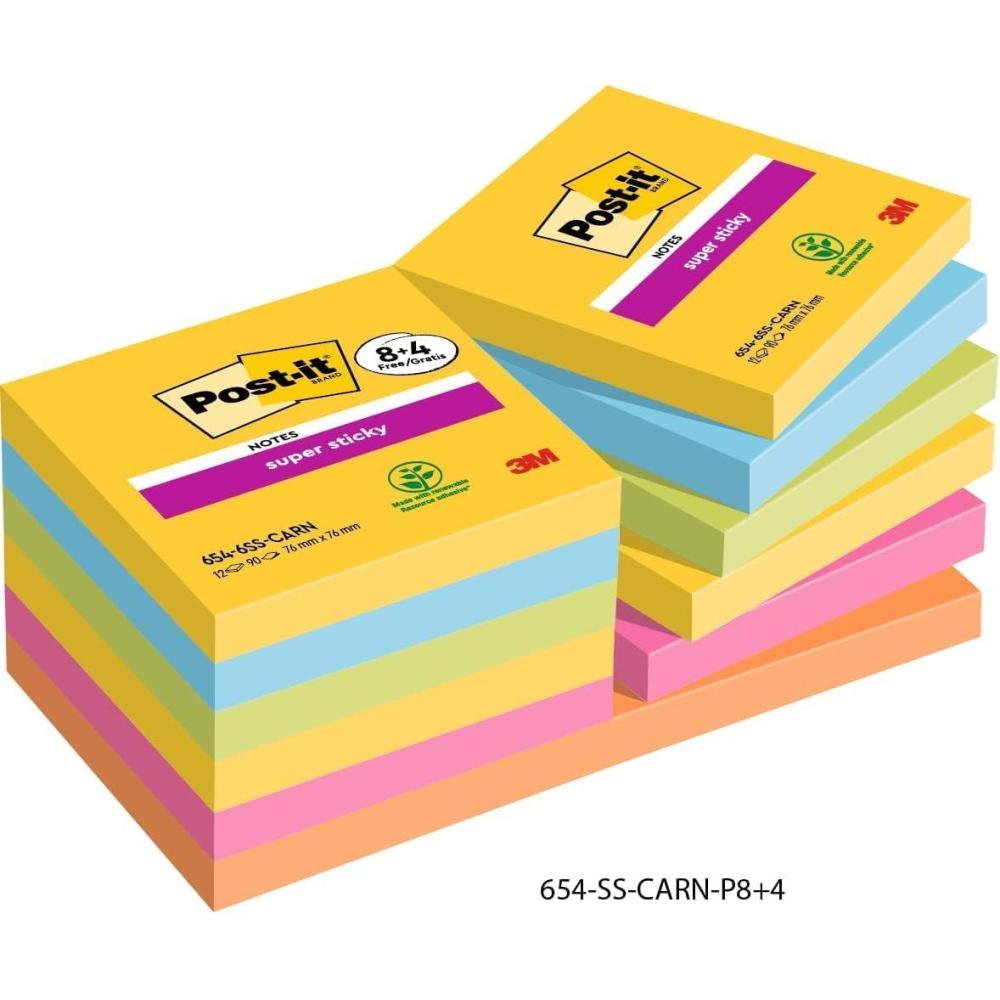 imagePostit Notes Autocollantes Super Sticky Couleurs Carnival 8 Blocs  4 GRATUITS 90 Feuilles par Bloc 76 mm x 76 mm  Feuillets Super Adhsifs pour Prise de Notes Listes de Tches et RappelsBleu  vert  rose