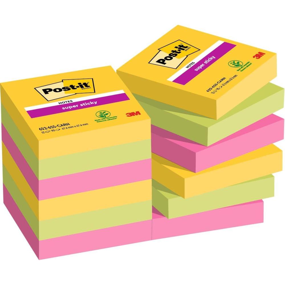 imagePostit Notes Autocollantes Super Sticky Couleurs Carnival Pack de 12 Blocs 90 Feuilles par Bloc 476 mm x 476 mm Feuillets Super Adhsifs pour Prise de Notes Listes de Tches et RappelsCarnival
