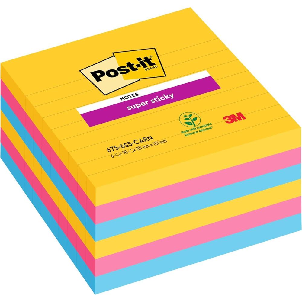 imagePostit Notes Autocollantes Super Sticky Grand Format Lignes 127 mm x 203 mm Pack de 4 Blocs 45 Feuilles par Bloc Feuillets Super Adhsifs pour Prise de Notes Listes de Tches et Rappels101 x 101 mm