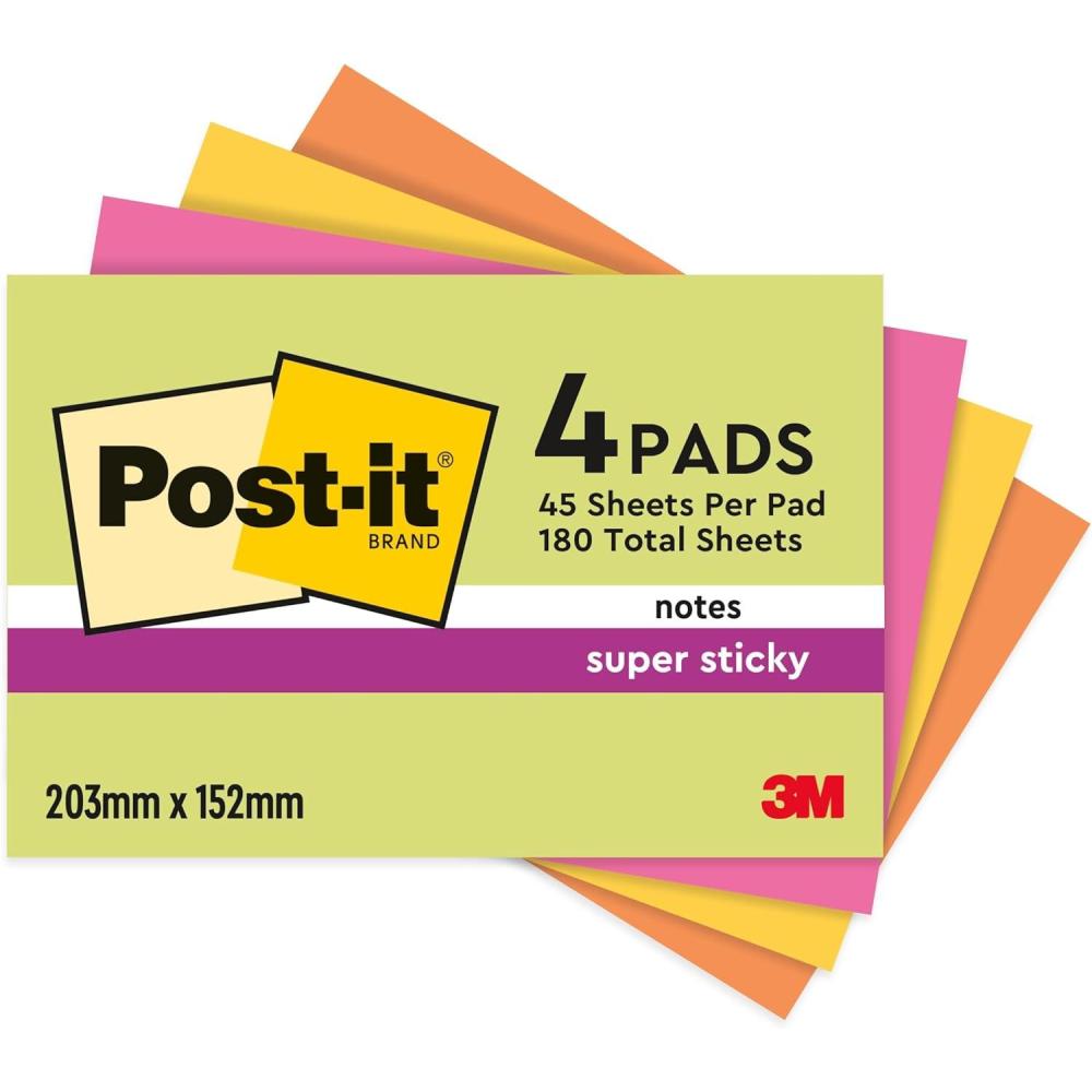imagePostit Notes Autocollantes Super Sticky Grand Format Pack de 4 Blocs 45 Feuilles par Bloc 203 mm x 152 mm Feuillets Super Adhsifs pour Prise de Notes Listes de Tches et Rappels203 x 152 mm