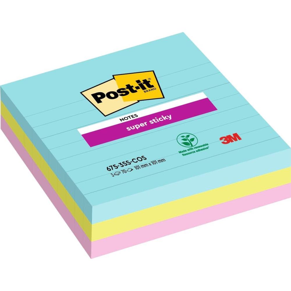 imagePostit Notes Autocollantes Super Sticky Grand Format XL Lignes 101 mm x 101 mm Pack de 3 Blocs 70 Feuilles par Bloc Feuillets Super Adhsifs pour Prise de Notes Listes de Tches et RappelsBleu