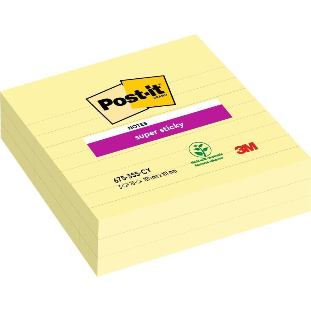imagePostit Notes Autocollantes Super Sticky Grand Format XL Lignes 101 mm x 101 mm Pack de 3 Blocs 70 Feuilles par Bloc Feuillets Super Adhsifs pour Prise de Notes Listes de Tches et RappelsJaune