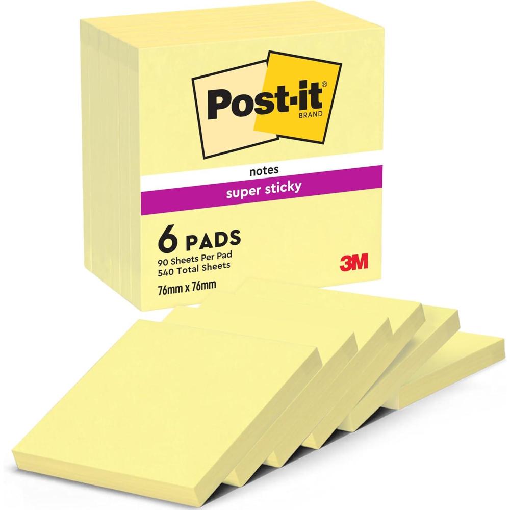 imagePostit Notes Autocollantes Super Sticky Pack de 6 Blocs 90 Feuilles par Bloc 76 mm x 127 mm Jaune Canari Feuillets Super Adhsifs pour Prise de Notes Listes de Tches et Rappels76mm x 76mm