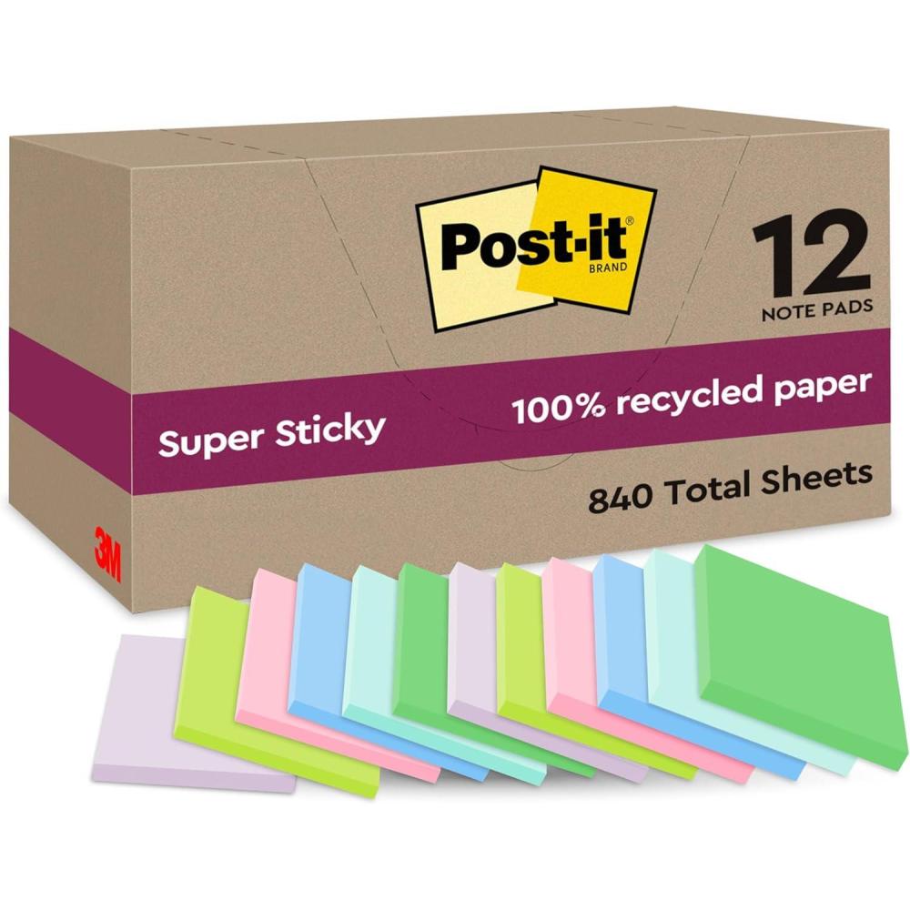 imagePostit Notes Autocollantes Super Sticky Recycls Pack de 12 Blocs 70 Feuilles par Bloc 476 mm x 476 mm Notes Autocollantes Fabriques partir de Papier 100 RecyclRose vert bleu violet jaune