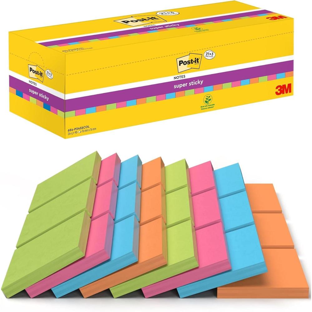 imagePostit Super Sticky Notes Couleurs Assorties Pack de 24 90 Feuilles par Bloc 76 mm x 76 mm Vert Rose Bleu Orange Super Adhsives pour Prise de Notes et Listes de TchesNon
