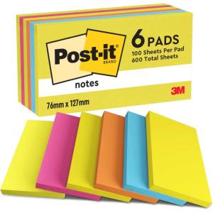 Post-it Notes Autocollantes, Couleurs Energetic, 6 Blocs, 100 Feuilles par Bloc, 76 mm x 127 mm, Jaune, Bleu, Orange, Rose, Vert – Feuillets Adhésifs pour Prise de Notes, Listes de Tâches et Rappels(Rose)