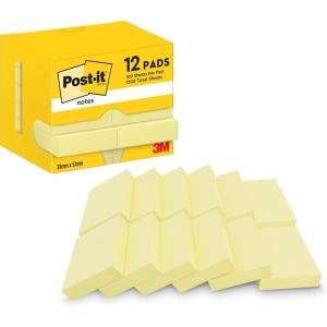 Post-it Notes Autocollantes, Pack de 12 Blocs, 100 Feuilles par Bloc, 38 mm x 51 mm, Jaune Pastel – Feuillets Adhésifs pour Prise de Notes, Listes de Tâches et Rappels(12 Blocs)