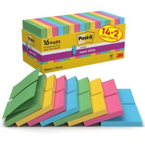 Post-it Notes Autocollantes Super Sticky, 14 Blocs + 2 GRATUITS, 90 Feuilles par Bloc, 76 mm x 76 mm, Jaune Pastel – Feuillets Super Adhésifs pour Prise de Notes, Listes de Tâches et Rappels(Néon)