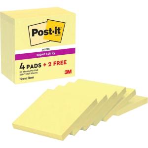 Post-it Notes Autocollantes Super Sticky, 4 Blocs + 2 GRATUITS, 76 mm x 76 mm, 90 Feuilles par Bloc, Jaune Canari – Feuillets Super Adhésifs pour Prise de Notes, Listes de Tâches et Rappels(76 x 76 mm)