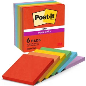 Post-it Notes Autocollantes Super Sticky, Couleurs Carnival, 8 Blocs + 4 GRATUITS, 90 Feuilles par Bloc, 76 mm x 76 mm – Feuillets Super Adhésifs pour Prise de Notes, Listes de Tâches et Rappels(Espiègle)