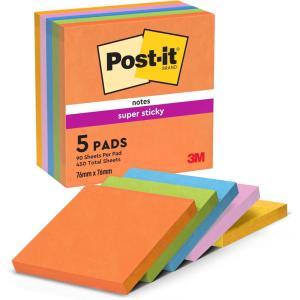 Post-it Notes Autocollantes Super Sticky, Couleurs Carnival, 8 Blocs + 4 GRATUITS, 90 Feuilles par Bloc, 76 mm x 76 mm – Feuillets Super Adhésifs pour Prise de Notes, Listes de Tâches et Rappels(Booster)