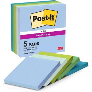 Post-it Notes Autocollantes Super Sticky, Couleurs Carnival, 8 Blocs + 4 GRATUITS, 90 Feuilles par Bloc, 76 mm x 76 mm – Feuillets Super Adhésifs pour Prise de Notes, Listes de Tâches et Rappels(Oasis)