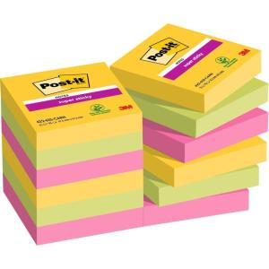 Post-it Notes Autocollantes Super Sticky, Couleurs Carnival, Pack de 12 Blocs, 90 Feuilles par Bloc, 47,6 mm x 47,6 mm – Feuillets Super Adhésifs pour Prise de Notes, Listes de Tâches et Rappels(Carnival)