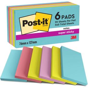 Post-it Notes Autocollantes Super Sticky, Couleurs Carnival, Pack de 6 Blocs, 90 Feuilles par Bloc, 76 mm x 127 mm – Feuillets Super Adhésifs pour Prise de Notes, Listes de Tâches et Rappels(Cosmic)