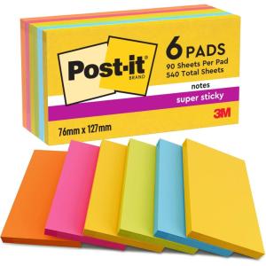 Post-it Notes Autocollantes Super Sticky, Couleurs Carnival, Pack de 6 Blocs, 90 Feuilles par Bloc, 76 mm x 127 mm – Feuillets Super Adhésifs pour Prise de Notes, Listes de Tâches et Rappels(Carnival)