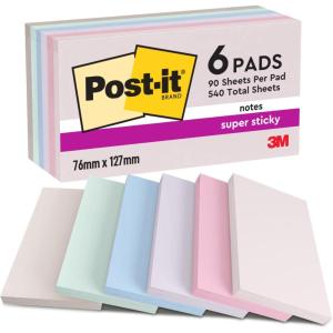 Post-it Notes Autocollantes Super Sticky, Couleurs Soulful, Pack de 6 Blocs, 90 Feuilles par Bloc, 76 mm x 127 mm – Feuillets Super Adhésifs pour Prise de Notes, Listes de Tâches et Rappels(Simple)