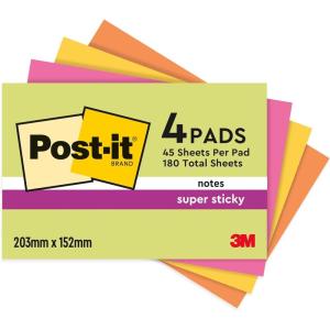 Post-it Notes Autocollantes Super Sticky, Grand Format, Pack de 4 Blocs, 45 Feuilles par Bloc, 203 mm x 152 mm – Feuillets Super Adhésifs pour Prise de Notes, Listes de Tâches et Rappels(203 x 152 mm)