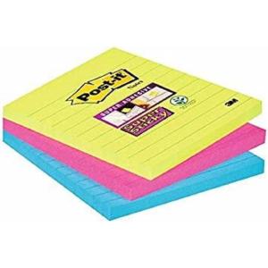 Post-it Notes Autocollantes Super Sticky, Grand Format XL, Lignées, 101 mm x 101 mm, Pack de 3 Blocs, 70 Feuilles par Bloc – Feuillets Super Adhésifs pour Prise de Notes, Listes de Tâches et Rappels(Vert/Fushia/Bleu)