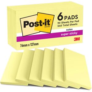 Post-it Notes Autocollantes Super Sticky, Pack de 6 Blocs, 90 Feuilles par Bloc, 76 mm x 127 mm, Jaune Canari – Feuillets Super Adhésifs pour Prise de Notes, Listes de Tâches et Rappels(76mm x 127mm)
