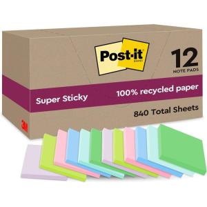 Post-it Notes Autocollantes Super Sticky, Recyclés, Pack de 12 Blocs, 70 Feuilles par Bloc, 47.6 mm x 47.6 mm – Notes Autocollantes Fabriquées à partir de Papier 100% Recyclé(Rose  vert  bleu  violet  jaune)