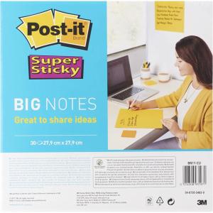 Post-it Super Sticky Big Notes, 1 Bloc de 30 Feuilles, 279 mm x 279 mm, Jaune – Grandes notes Super Adhésives pour Capturer et Partager vos Idées lors de Réunions et de Sessions de Brainstorming(279 x 279 mm)