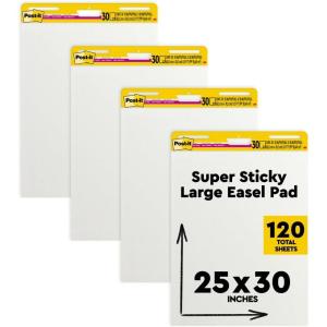 Post-it Super Sticky Meeting Charts, Pack de 1 Bloc avec 30 Feuilles, 635 mm x 762 mm, Couleur Blanche – Paperboard Adhésif Repositionnable pour Réunions et Sessions de Brainstorming(4 Pads)