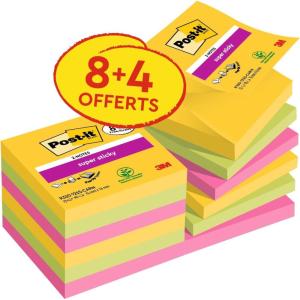Post-it Z-Notes Autocollantes Super Sticky, Pack Promo de 8 Blocs + 4 GRATUITS, 90 Feuilles par Bloc, 76 mm x 76 mm – Feuillets Super Adhésifs pour Prise de Notes, Listes de Tâches et Rappels