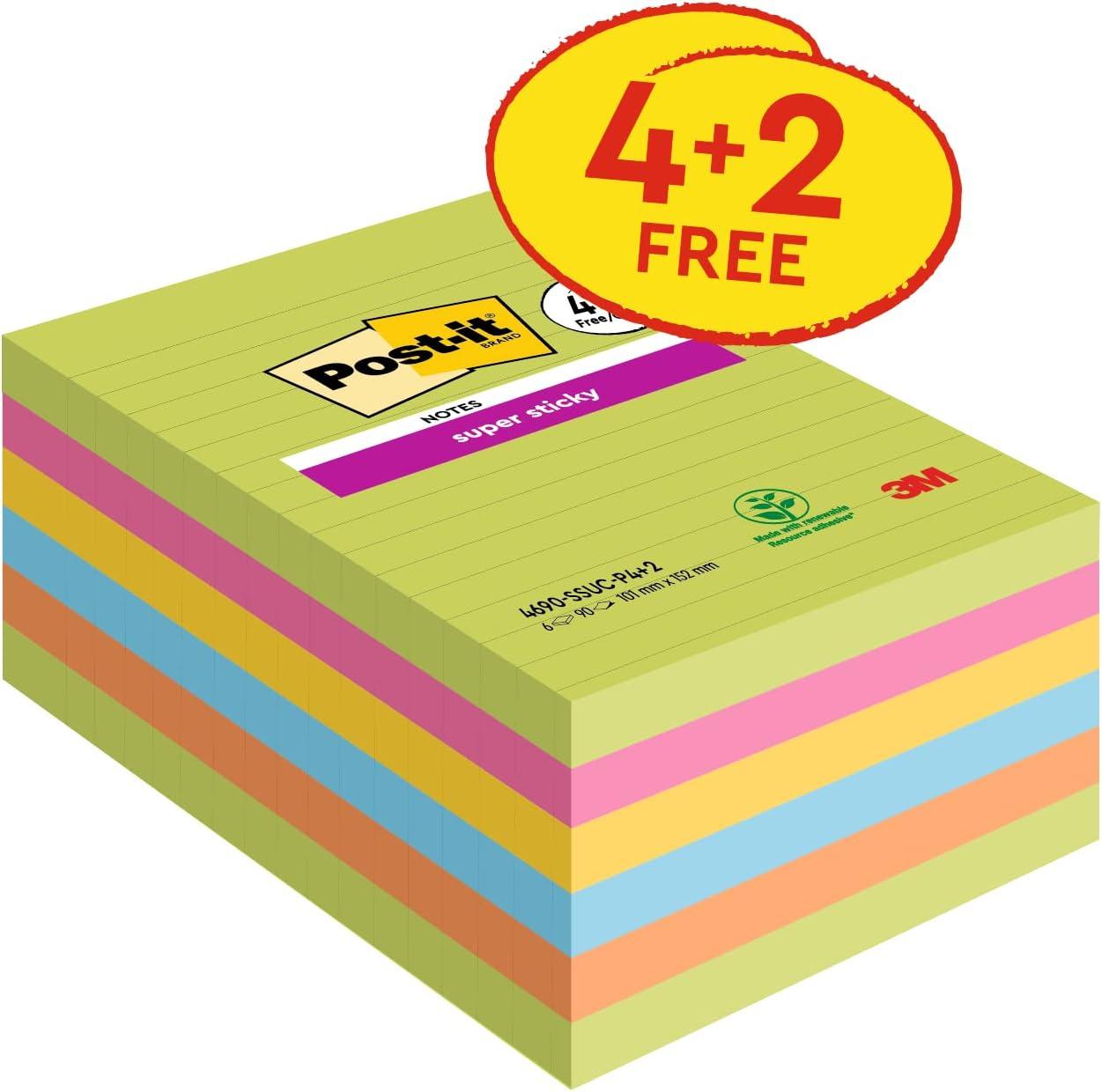 imagePostit Notes Autocollantes Super Sticky Grand Format XXL Lignes 101 mm x 152 mm Pack de 3 Blocs 75 Feuilles par Bloc Feuillets Super Adhsifs pour Prise de Notes Listes de Tches et Rappels92 x 101 mm