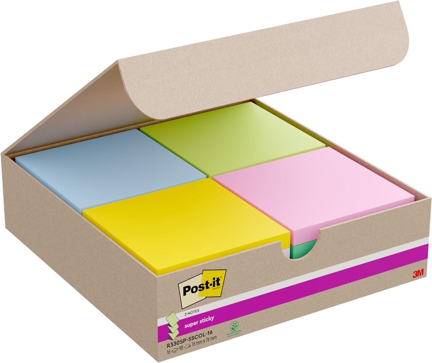imagePostit ZNotes Autocollantes Super Sticky Pack de 16 Blocs 90 Feuilles par Bloc 76 mm x 76 mm Jaune Bleu Vert Rose Feuillets Super Adhsifs pour Prise de Notes Listes de Tches et RappelsBleu Vert Rose Jaune