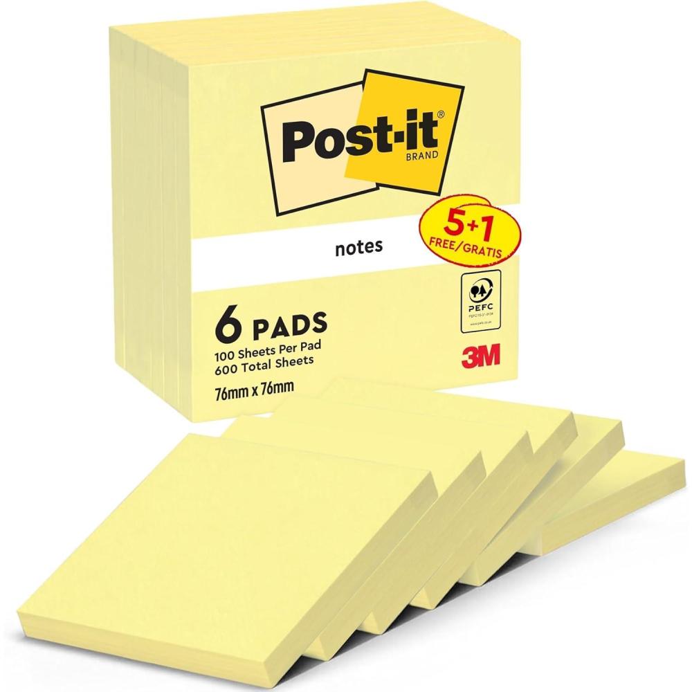 imagePostit Notes Autocollantes Pack Promo Pack de 5 Blocs 1 Gratuit 100 Feuilles par Bloc 76 mm x 76 mm Jaune Pastel Feuillets Adhsifs pour Prise de Notes Listes de Tches et Rappels76 x 76 mm