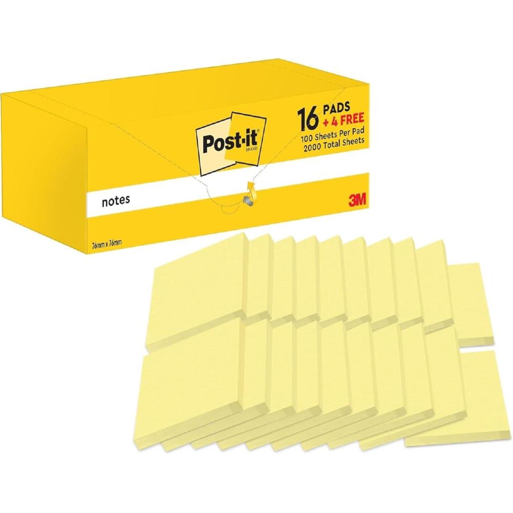 imagePostit Notes Autocollantes Promo Pack de 20 Blocs 100 Feuilles par Bloc 76 mm x 76 mm Jaune Pastel Feuillets Adhsifs pour Prise de Notes Listes de Tches et RappelsAdhsif classique