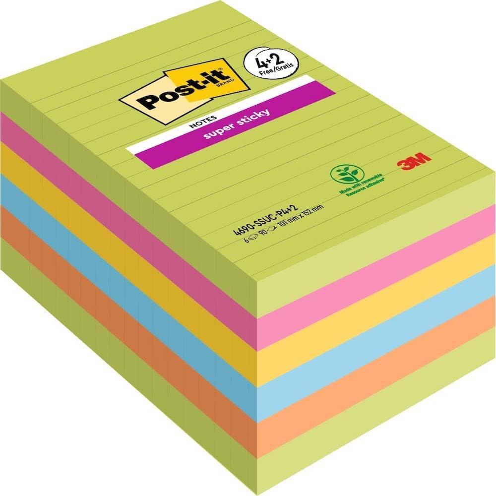 imagePostit Notes Autocollantes Super Sticky Grand Format XXL Lignes 101 mm x 152 mm Pack de 3 Blocs 75 Feuilles par Bloc Feuillets Super Adhsifs pour Prise de Notes Listes de Tches et Rappels92 x 101 mm